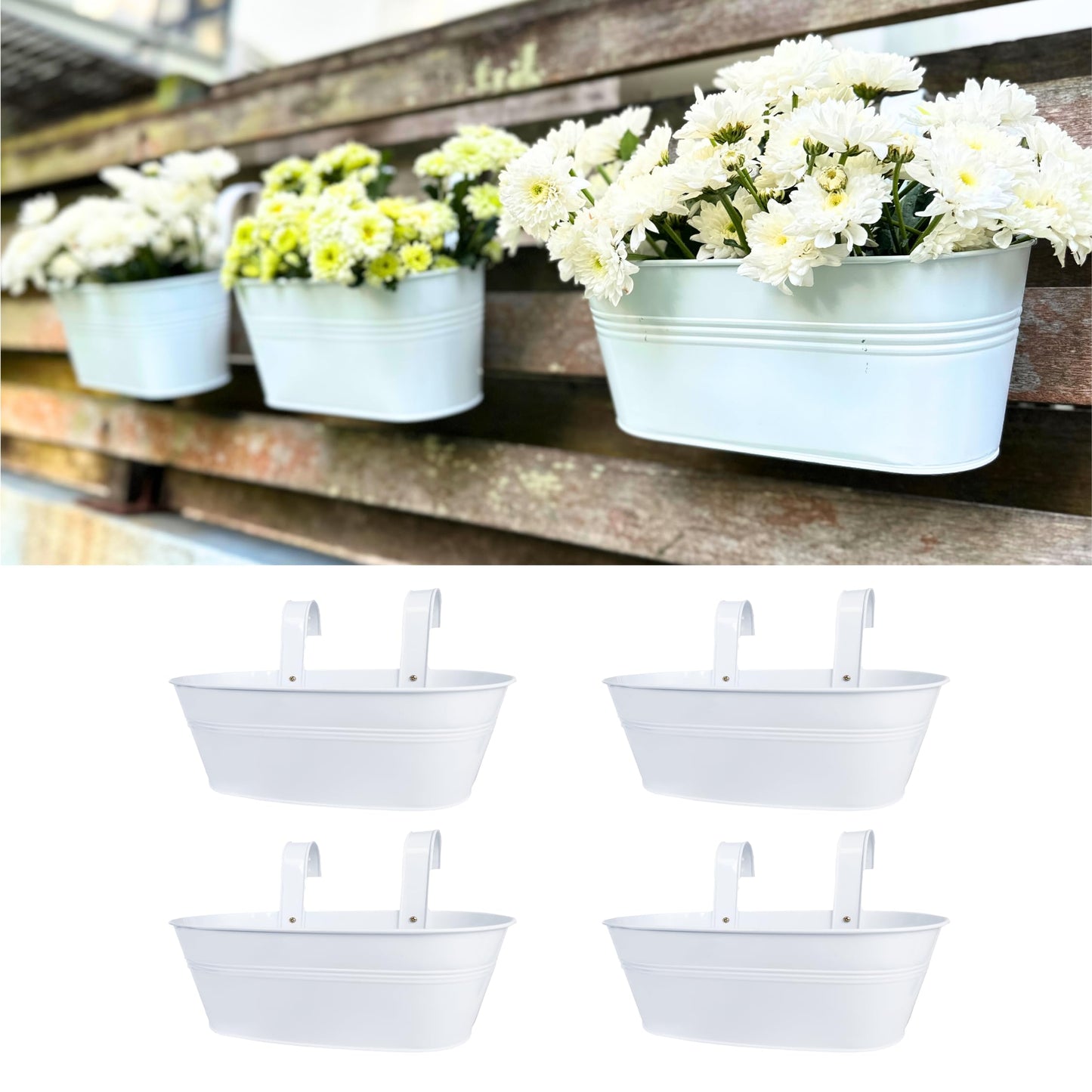 LaLaGreen Outdoor Plants Rail Planter (4 Pack, 15 Inch) White Metal Iron Hanging Flower Pot Deck Railing Fence Bucket Modern Boho Style Wall Mount Window Box Plant Holder Hooks Porch Herb Garden Decor