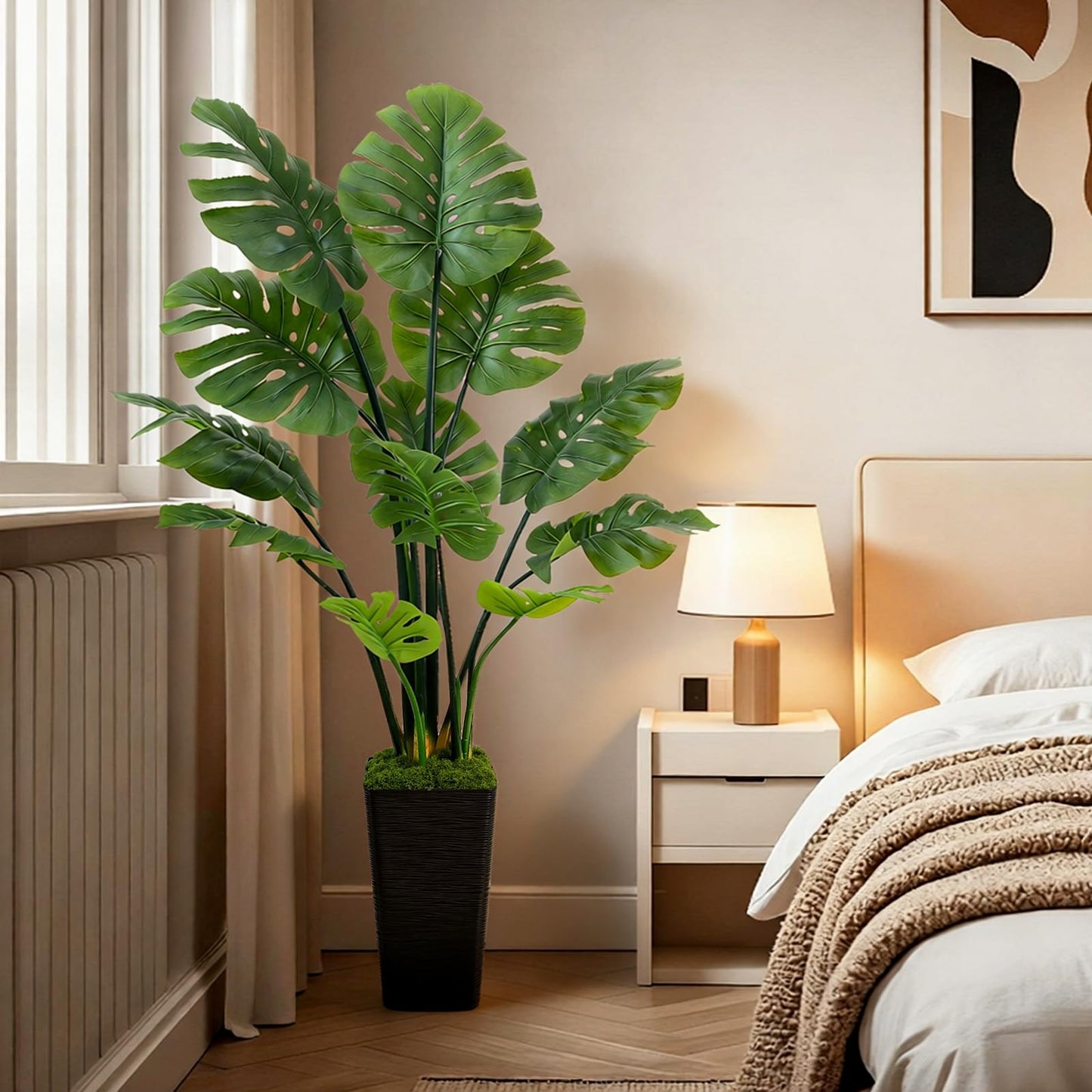 UPBUD Artificial Monstera Deliciosa Plant, 5FT Fake Monstera Tree with 12 Lifelike Leaves & Black Pot, 60in Tall Faux Floor Trees Fake Plants for Indoor Office Porch Living Room Windowsill Decor