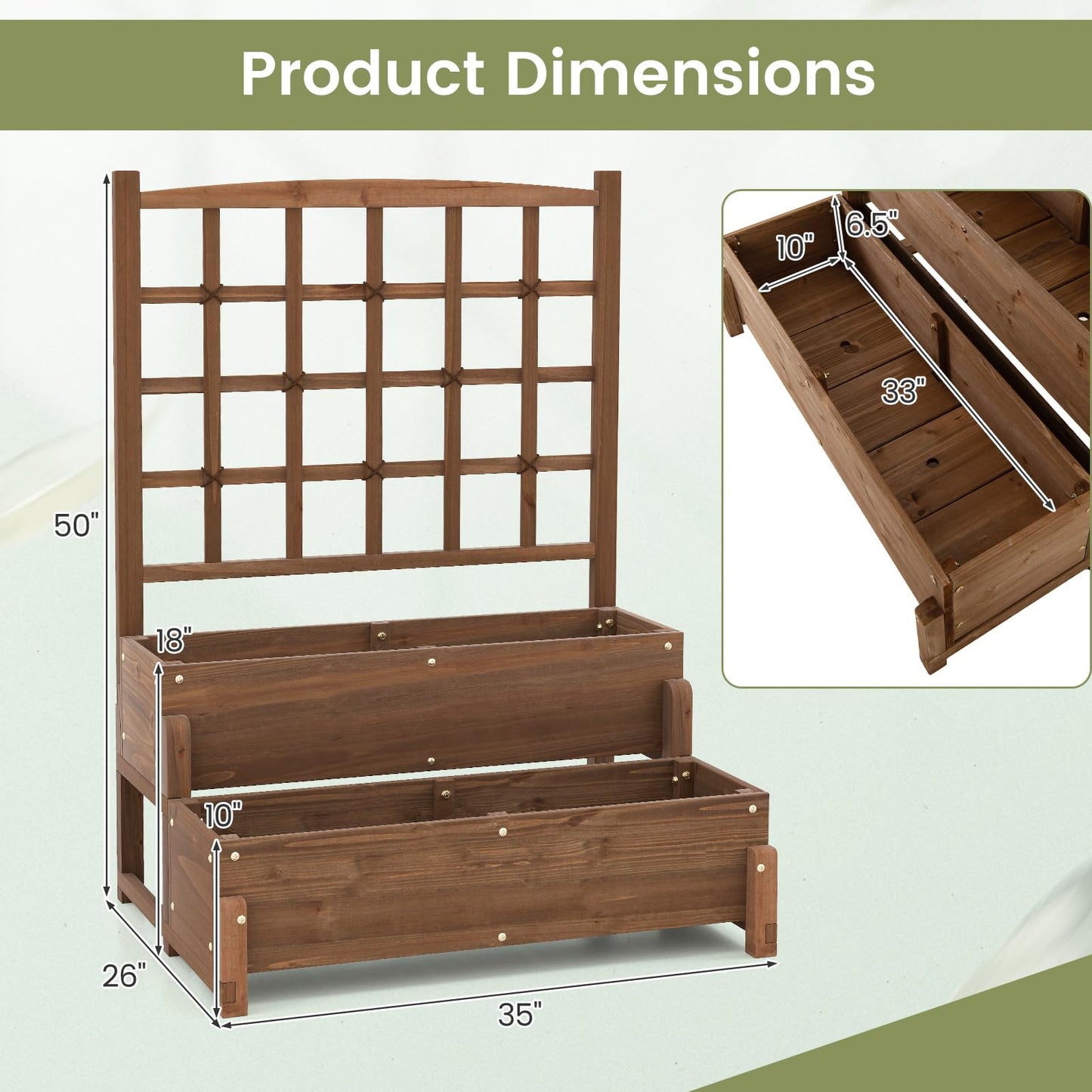 Toolsempire 2-Tier Raised Garden Bed with Trellis, Wooden Elevated Planter Box with Legs, Hemp Rope & Drainage Holes, Raised Plant Bed for Backyard, Garden, Lawn