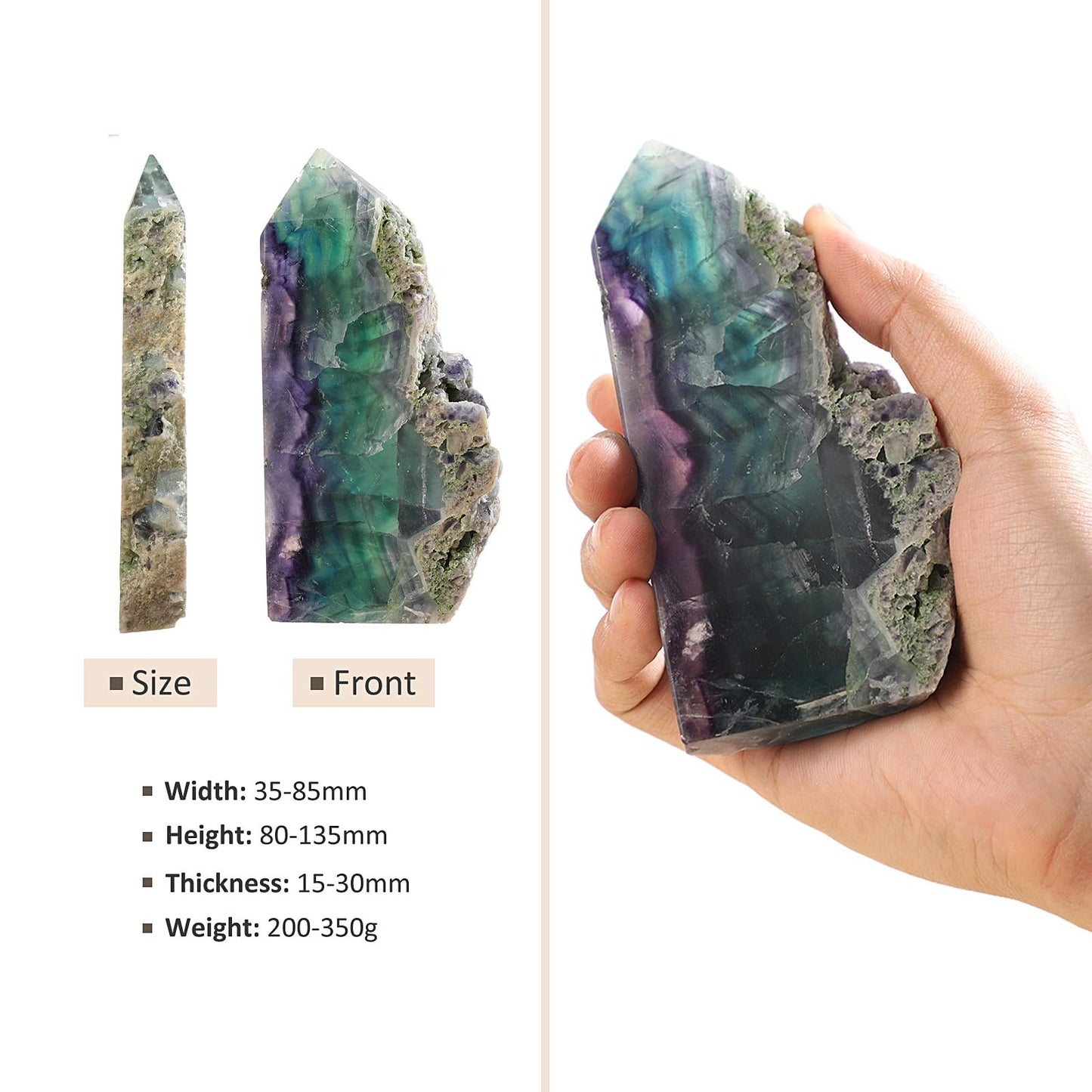 TUMBEELLUWA Natural Fluorite Crystal Wand for Healing, Pointed Crystal Obelisk Tower Raw Stone Mineral Specimen Decor, 200-350 g