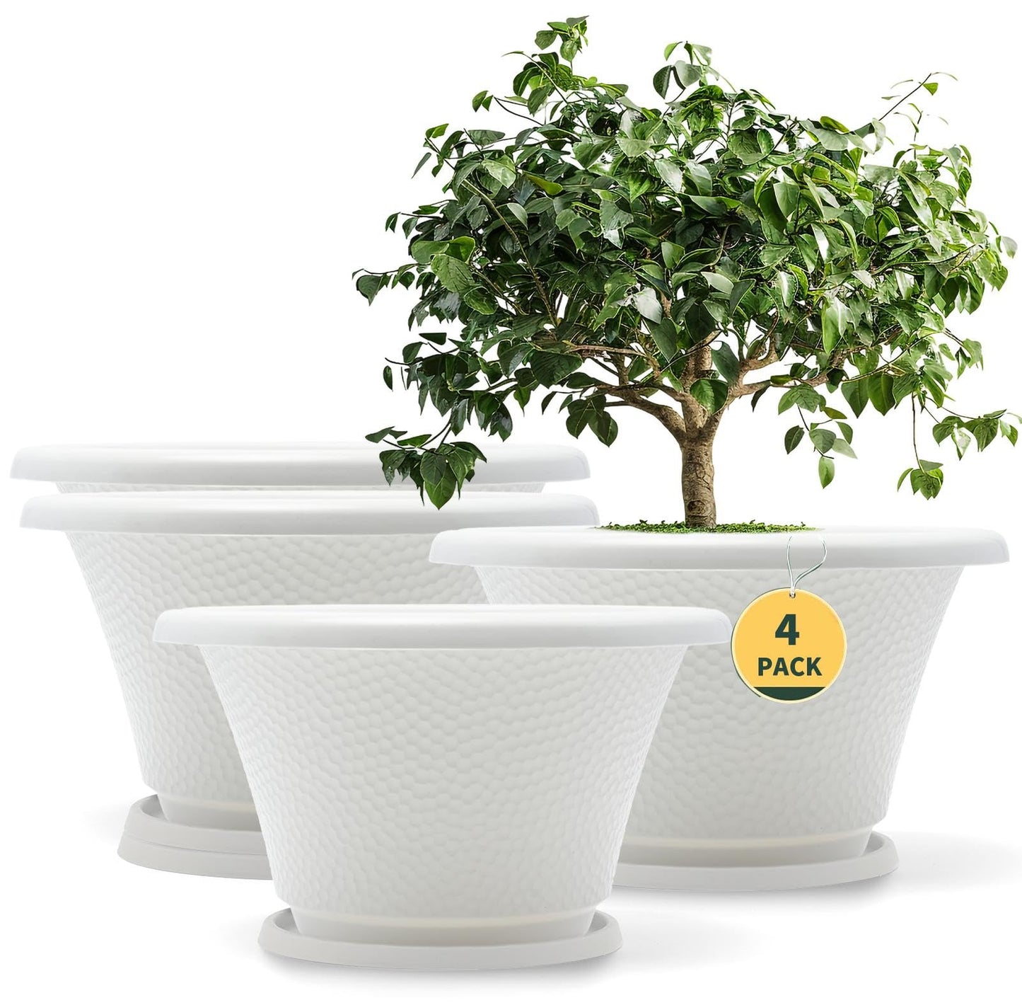 Quarut 12 Inch Plant Pot,4 Pack Large pots for Plants,Flower Pots with Drainage Hole & Saucer,Modern Planters for Indoor Outdoor Plants,Decorative Resin Garden Pots,White