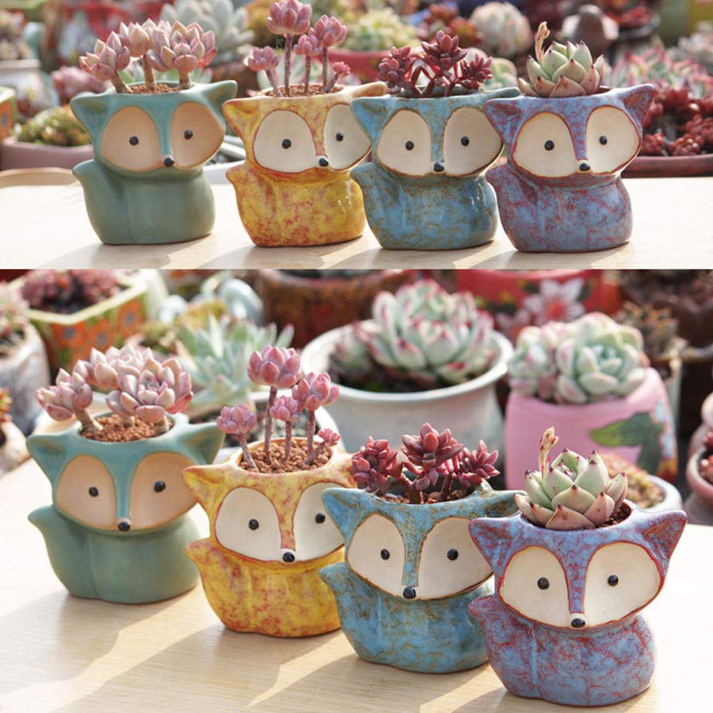 ANQIA 4 Pack Cute Fox Shape Ceramic Succulent Plant Pots Cactus Plant Pot Flower Pot with A Hole for Home & Office Decor