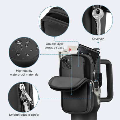 Water Bottle Pouch For Stanley Cup 40oz 30oz, Running Water Bottle Bag for Cards, Keys, Phone, Gym Accessories For Men Women, Travel Tumbler Mug Pouch Compatible With Stanley, Simple Modern(Black)