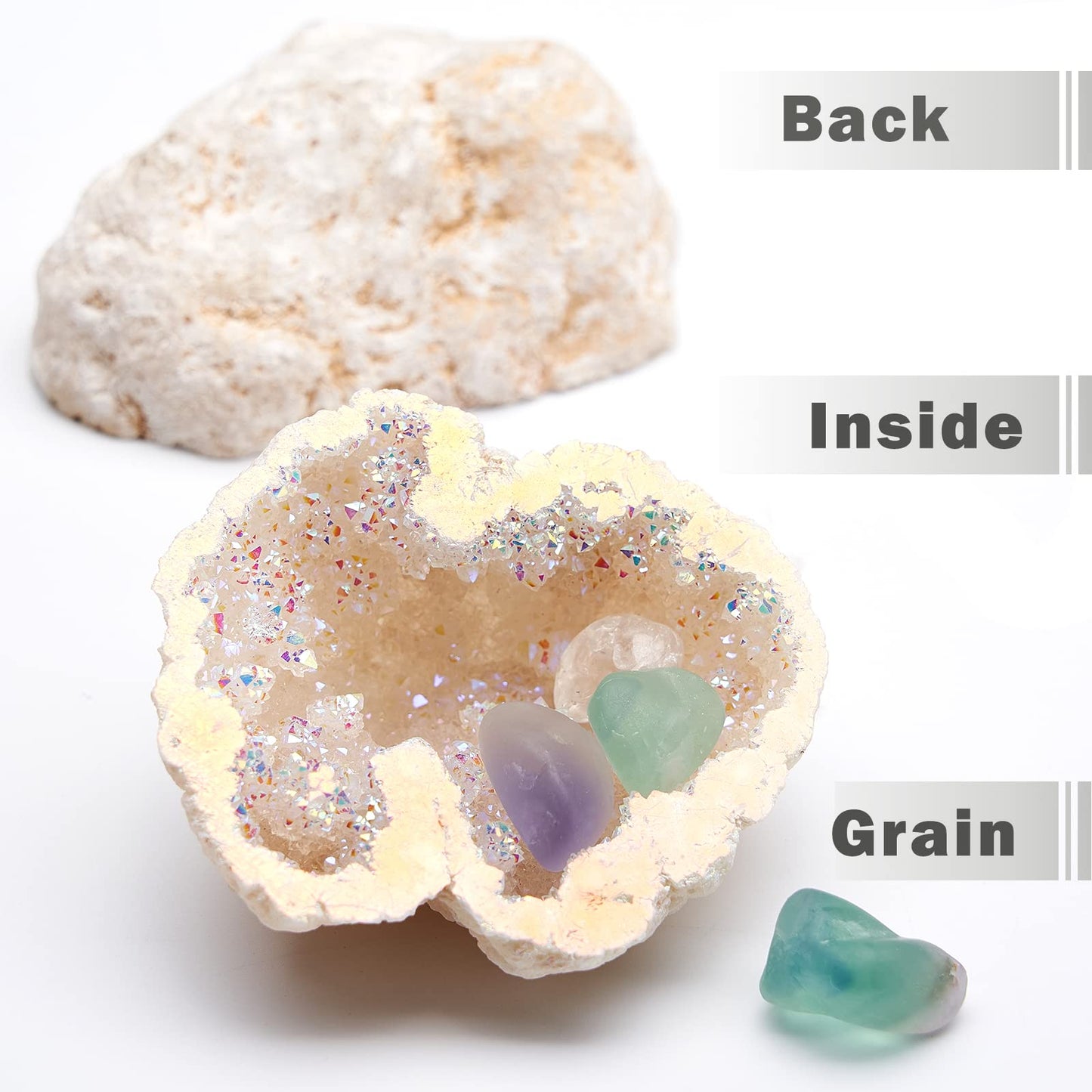 Yougoals Natural Geode Quartz Crystals,Rainbow Titanium Coated Quartz Specimen,White Geode Rainbow Crystal Cluster Natural Crystals and Healing Stones Decor 1PK Angel Aura Quartz