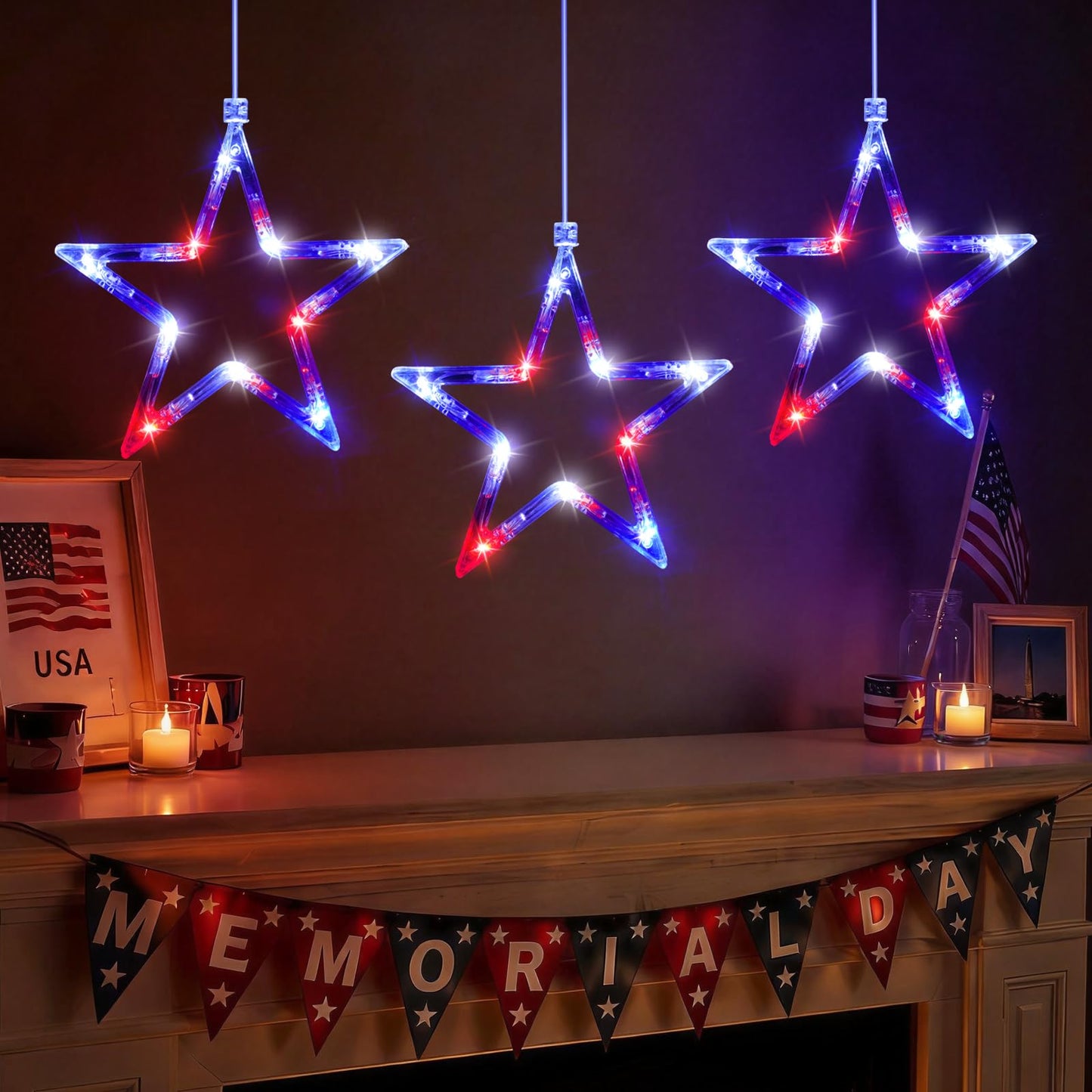 LYUBASA 3 Pack 4th of July Lights Decorations, Battery Operated, Red White and Blue, Indoor Window Star String Lights, Patriotic Decor
