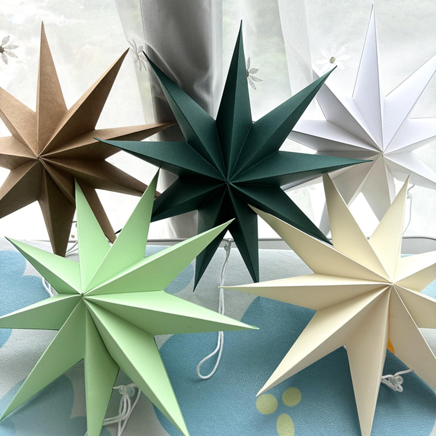 5Pcs Sage Green Paper Star 12 Inch 9-Pointed Hanging Star Lanterns for Christmas Wedding Birthday Home Winter Party Decortion
