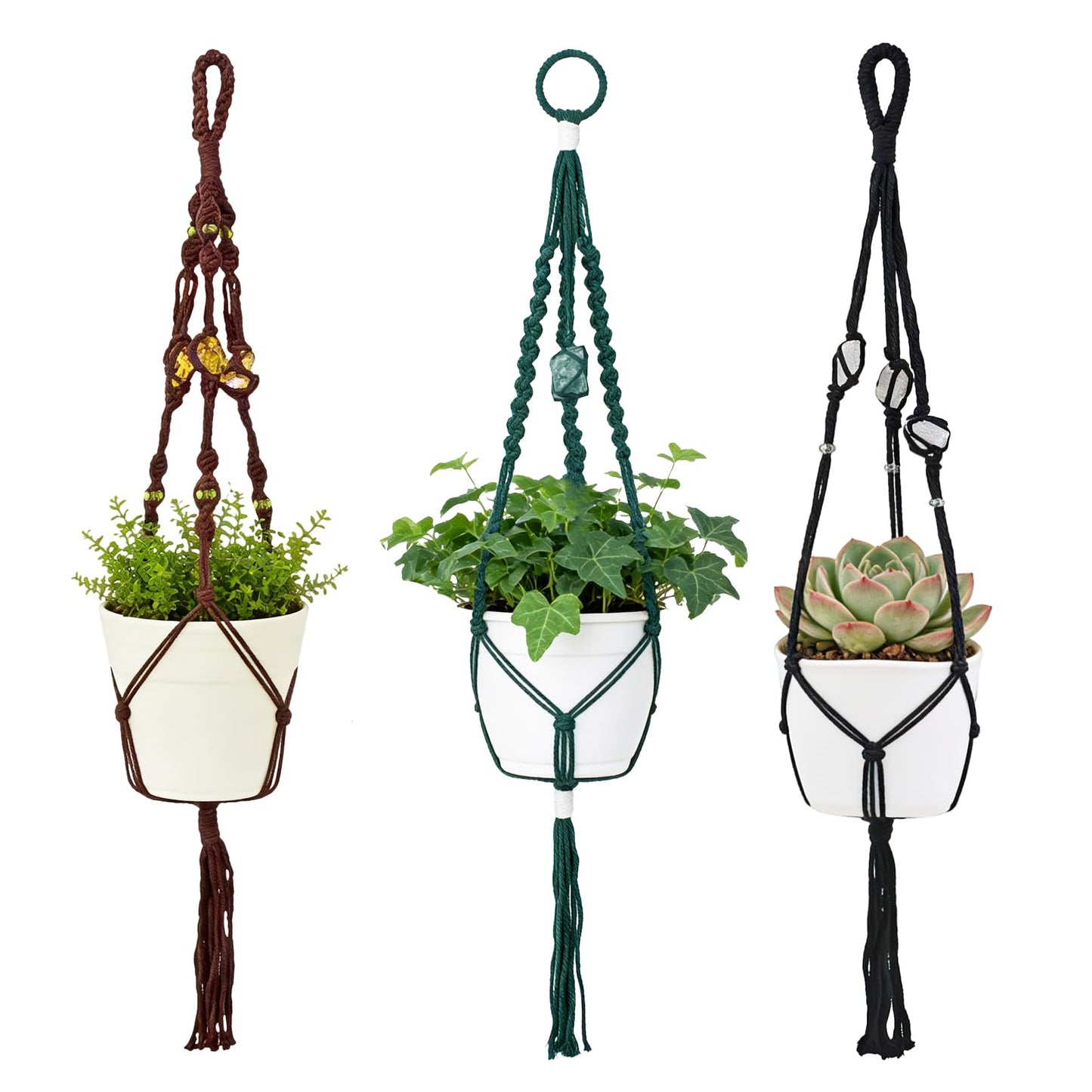 Nomylunota Macrame Plant Hanger with Boho Beads Handmade Hanging Planter Crochet Plant Holder(35.4 inches,Green & Brown & Black)
