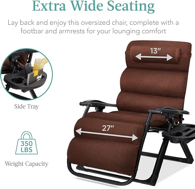 Best Choice Products Oversized Zero Gravity Chair, Folding Outdoor Patio Recliner, XL Anti Gravity Lounger w/Removable Cushion, Cup Holder, Side Tray, 350lb Capacity - Woodland Brown