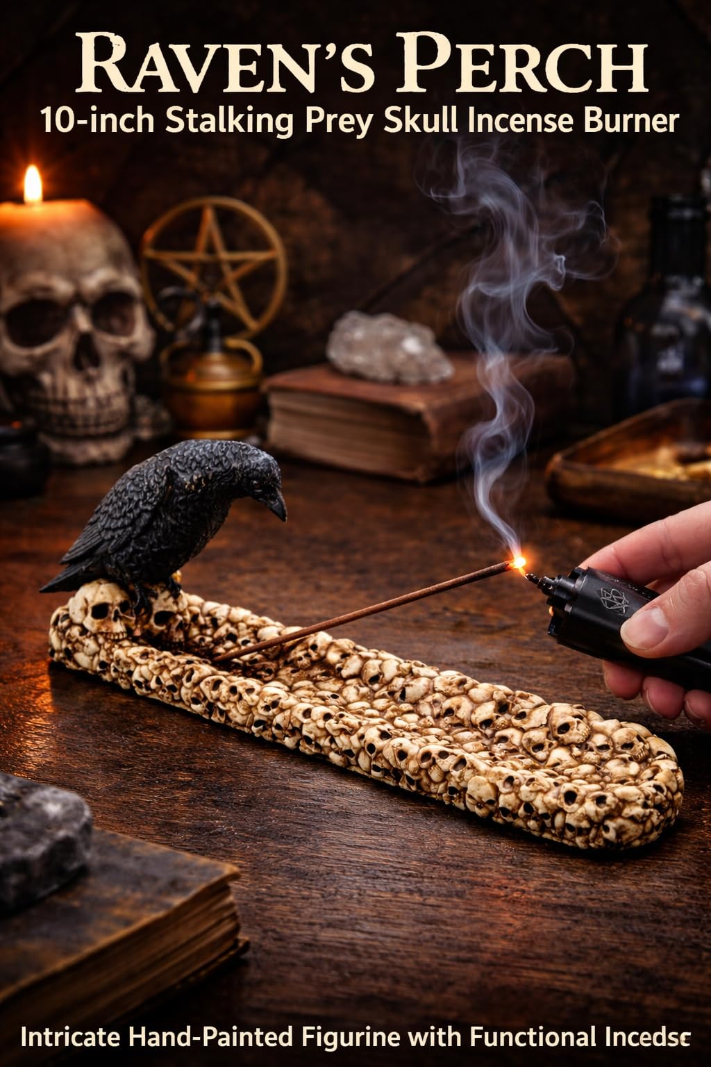 F.E.S.S. Raven Skull Incense Burner Statue – 10 Inch Gothic Resin Figurine with Raven Perched on Skull, Functional Incense Holder for Home, Office & Altar Decor