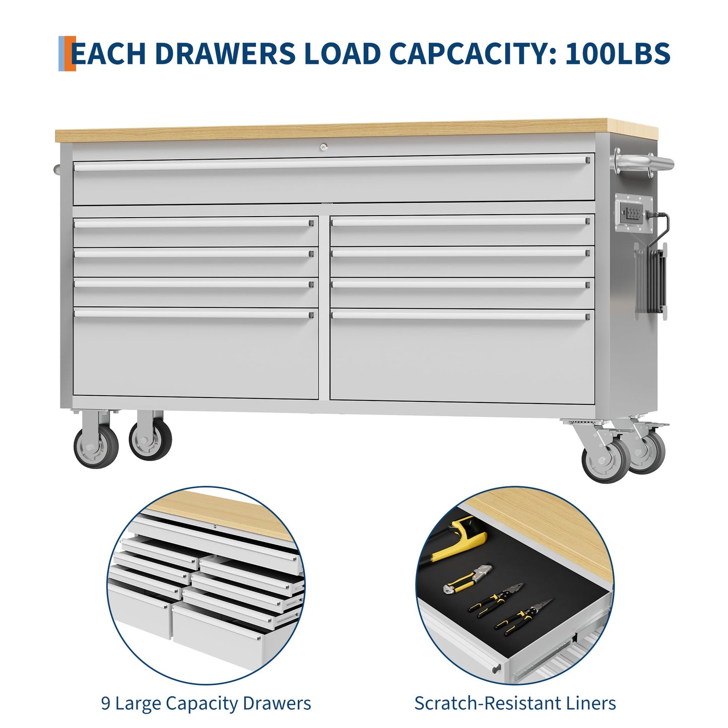 PeakPursuit 61" Rolling Tool Chest with 9 Drawers, Solid Rubber Wood Workbench Top, Locking Wheels & Key Lock, Mobile Garage Tool Cabinet for Workshop Storage & Organization, Silver