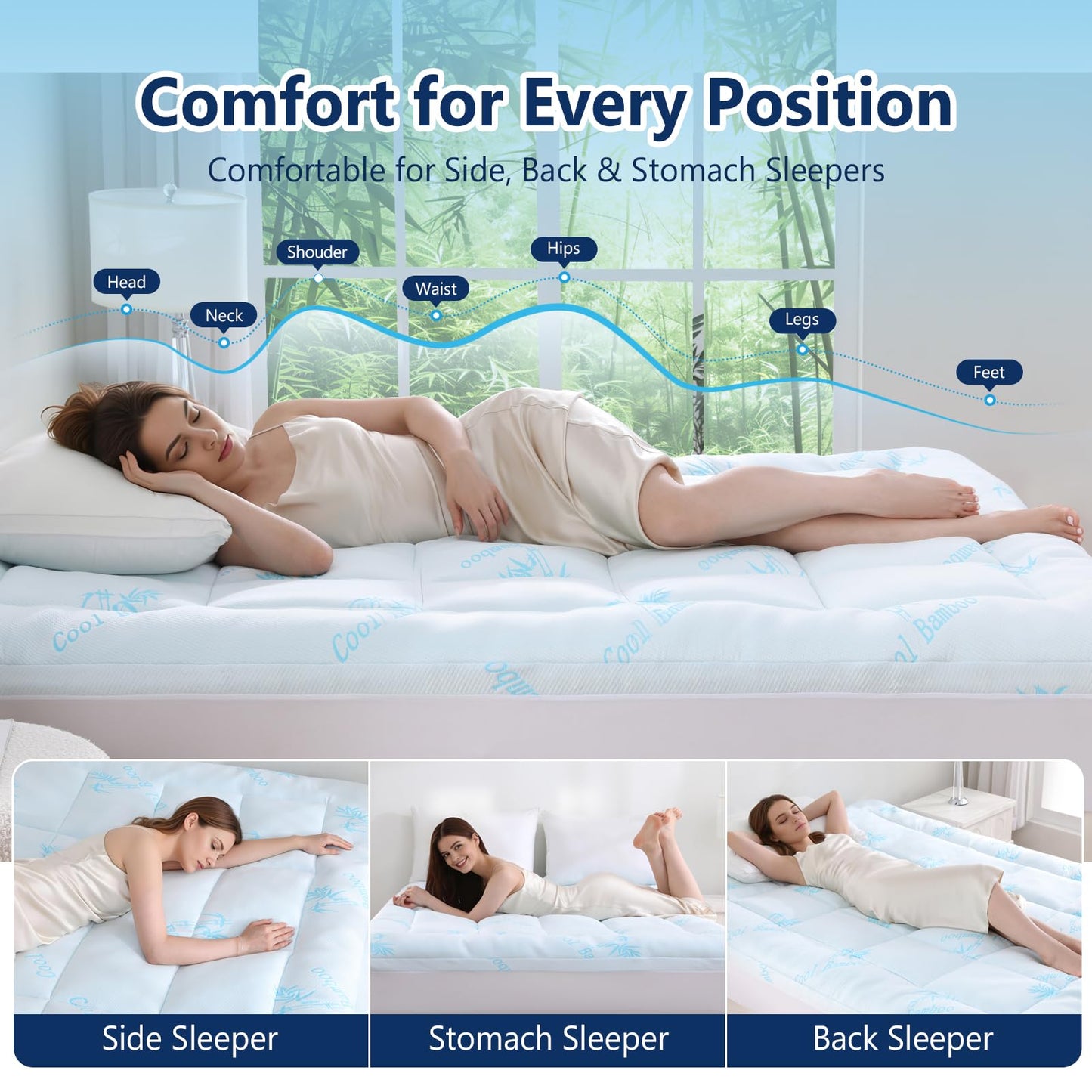 DOWNCOOL 100% Waterproof Full Size Mattress Topper, Cooling Pillow Top Memory Foam Mattress Topper for Hot Sleepers, Viscose Derived from Bamboo, Deep Pocket Fits 8-21 Inch