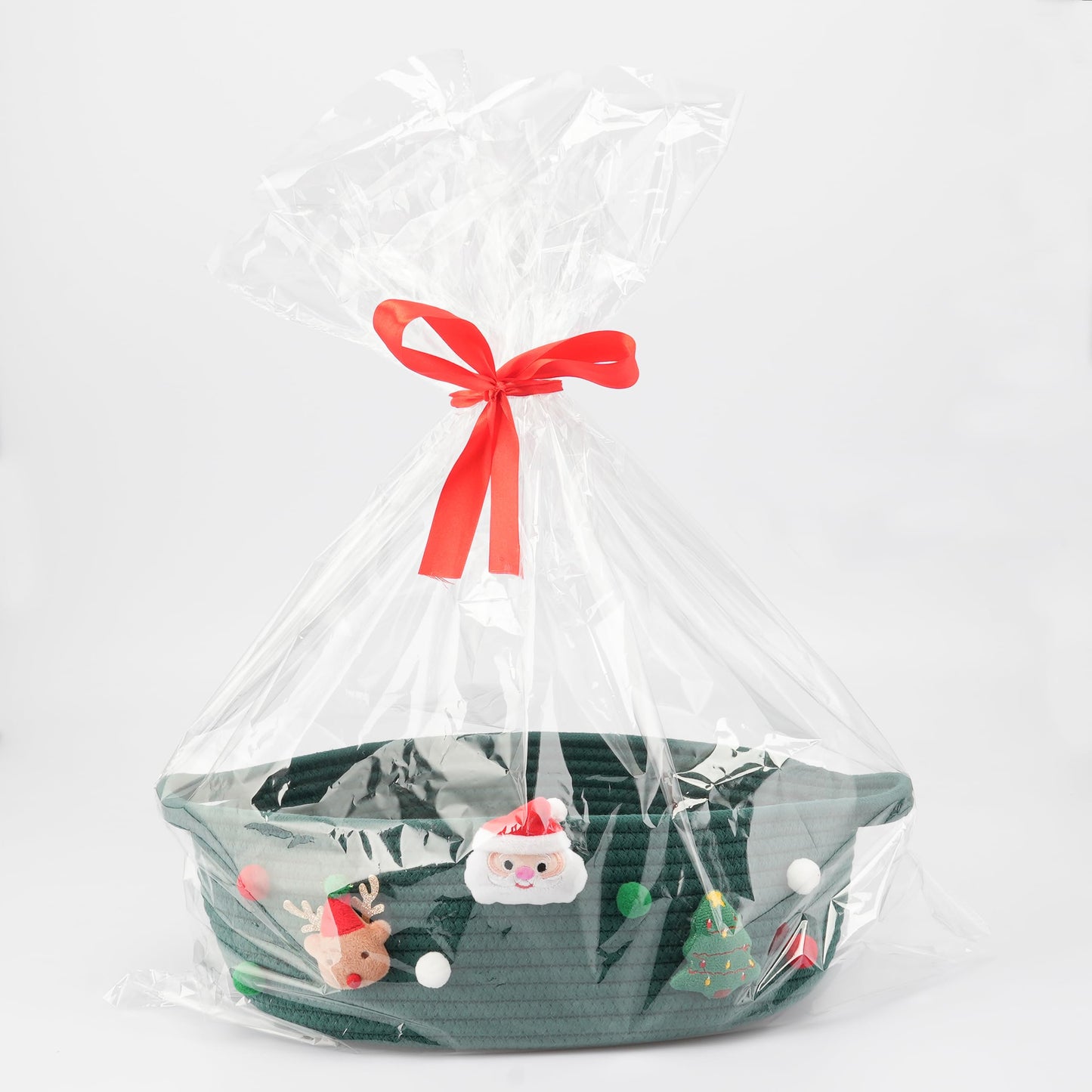 JUNBOLE Christmas Basket Empty with Gift Bag and Ribbons Woven Storage Basket13”x10”x5” Christmas Gift Baskets to Fill gifts Small Cotton Rope storage Basket(dark green, large)