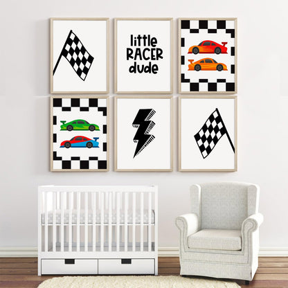 Race Car Wall Art Pictures Boys Room Wall Decor Nursery Toddler Canvas Wall Art Kids Playroom Art Prints Boys Race Car Poster Nursery Artwork Set of 6 for Bedroom 8x10 Inch Wood Framed