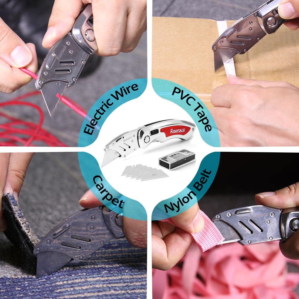 RBAYSALE Utility Knife Folding Heavy Duty Carpet Cutter with 5 SK5 Blades 420 Stainless Steel Retractable Box Cutter with Safety-Lock Design Craft Tradesman Knife 180g