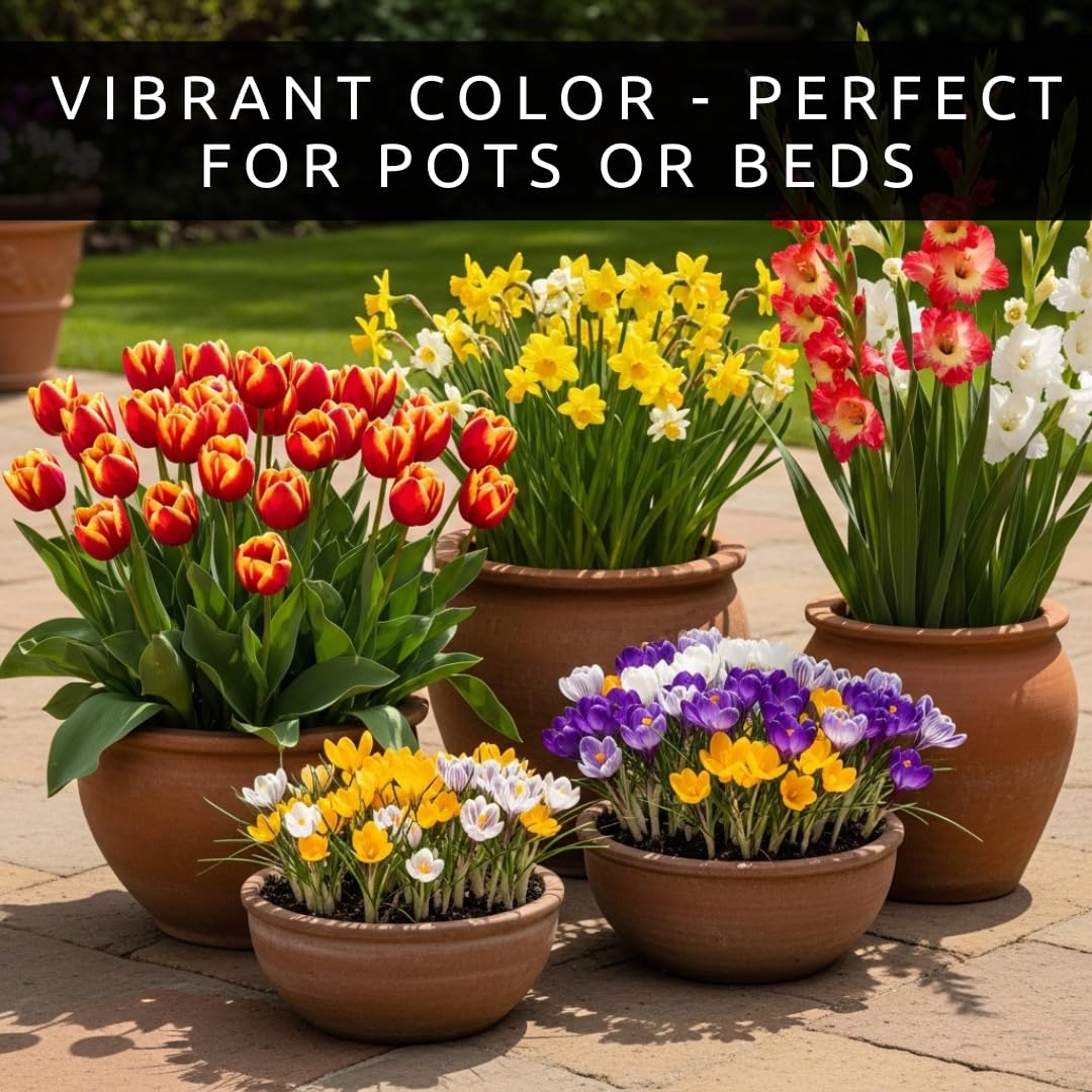 Complete Spring Flower Garden | 50 Fresh Bulbs | Bloom All Spring and Summer | Easy to Grow Flower Bulb, Indoor/Outdoor | Tulips, Daffodils, Crocus, Gladiolus - Living Gift