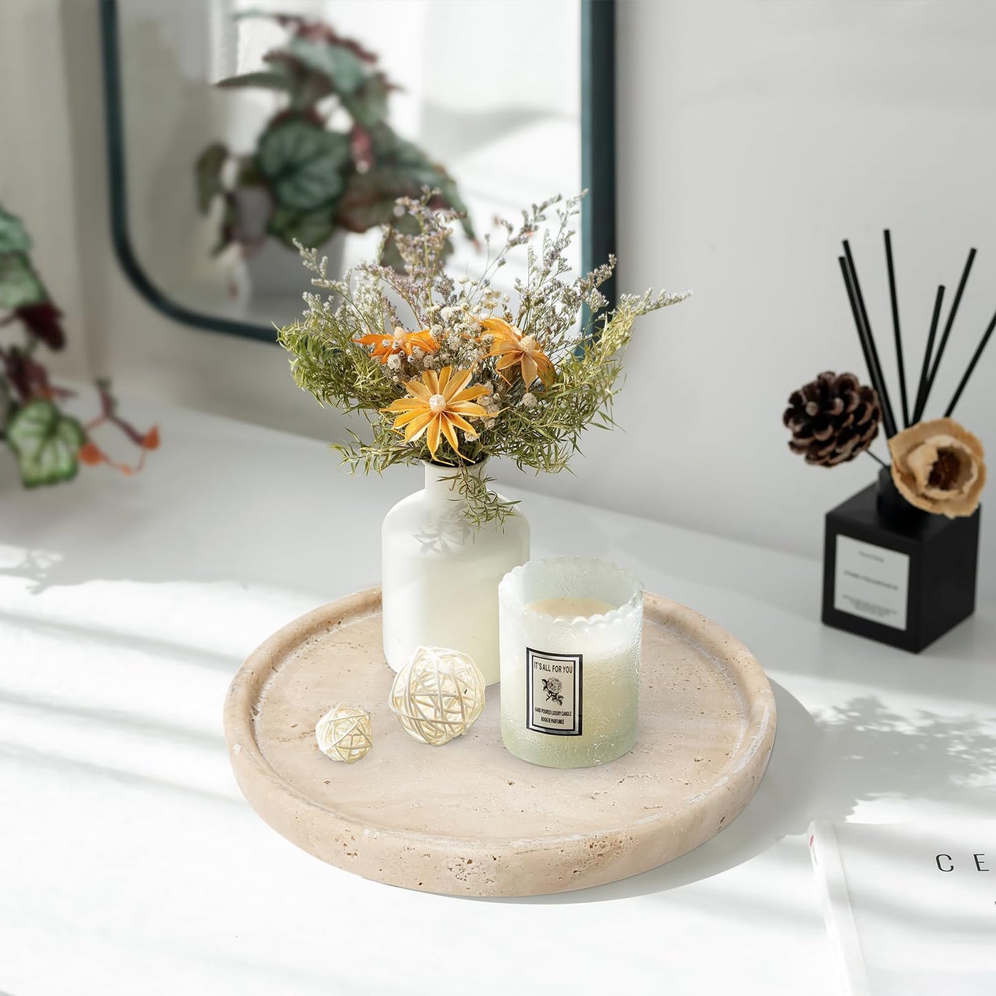 XINFUHUA Travertine Tray, Small Ceramic Vanity Tray for Bathroom Counter Decor, Round Marble Decorative Trays for Coffee Table (Beige, Medium Size)