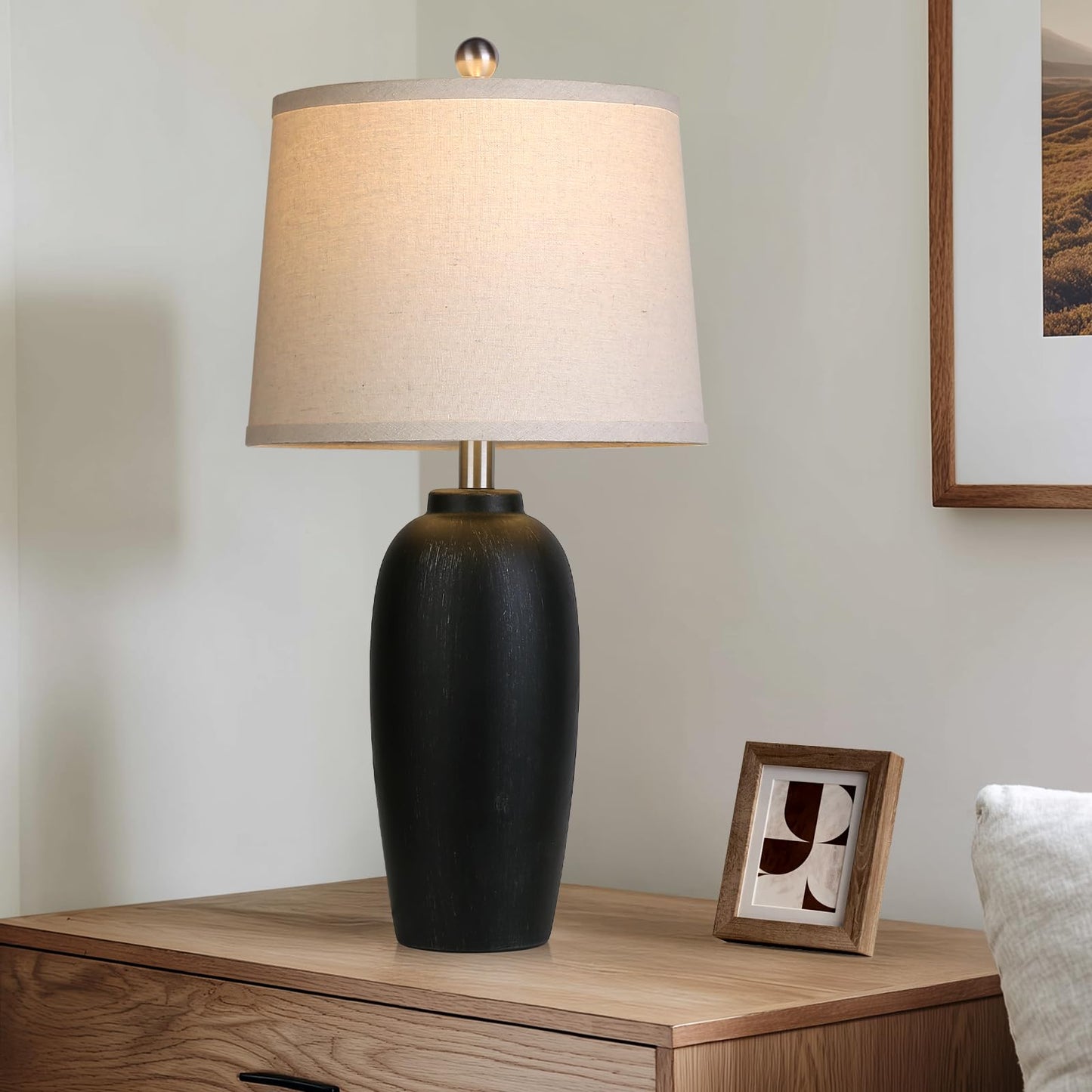 MOUVOVO Jar Table Lamps Set of 2, 25" Ceramic Bedside Lamps for Living Room, Black Farmhouse Nightstand Lamps for Bedroom