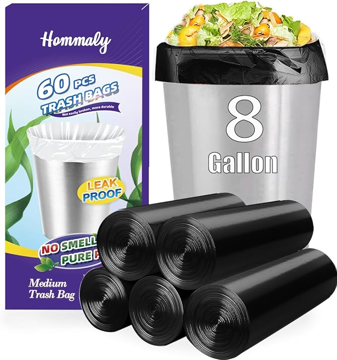 8 Gallon 60pcs Medium Black Trash Bags Strong Black Garbage Bags, Bathroom