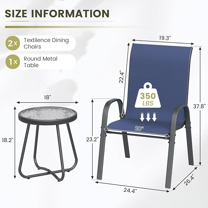 UDPATIO Patio Dining Set of 3, Outdoor Table and Chairs Set with Glass Table, 2 Stackable Patio Chairs with High Back, Outdoor Furniture Sets for Deck Garden Backyard Lawn Poolside (Blue)