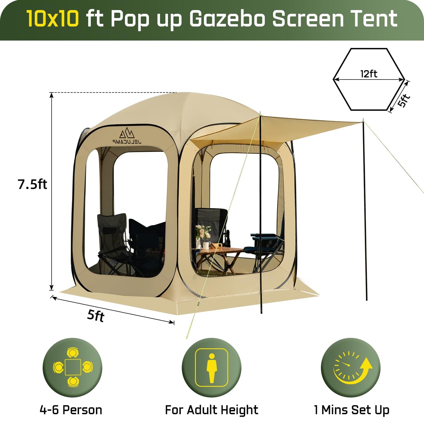 JELUCAMP 10x10 FT Pop Up Screen House Tent - Instant Screened Gazebo Canopy with Mosquito Net, Portable Backyard Tent for 4-6 People, Easy Setup Patio Shelter for Camping, BBQ, Sports & Outdoor