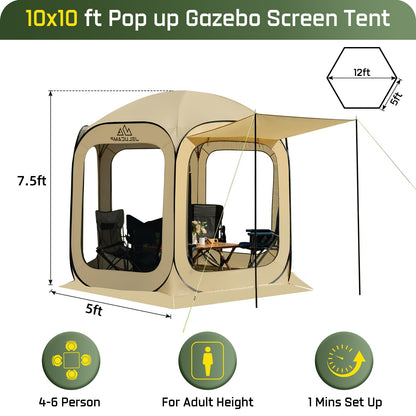 JELUCAMP 10x10 FT Pop Up Screen House Tent - Instant Screened Gazebo Canopy with Mosquito Net, Portable Backyard Tent for 4-6 People, Easy Setup Patio Shelter for Camping, BBQ, Sports & Outdoor
