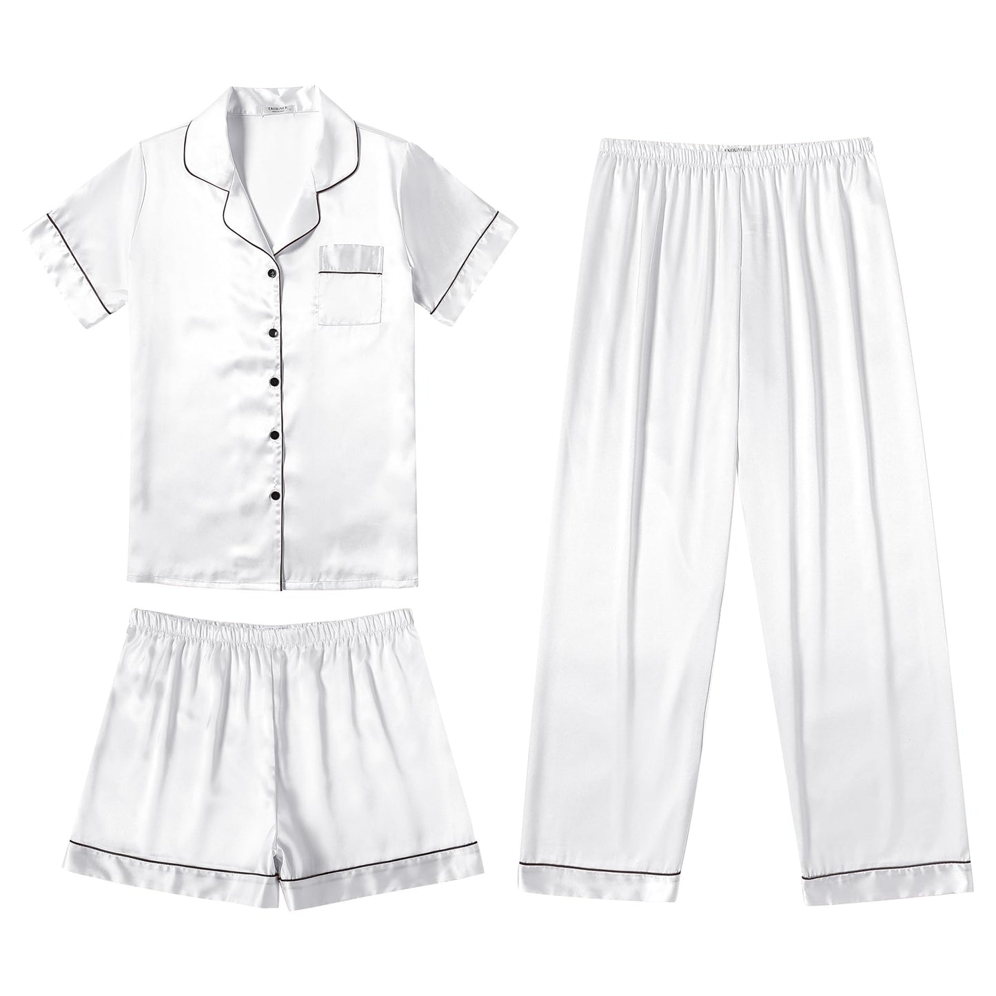 Ekouaer Silk Pajamas for Women Set Satin Pjs Soft Short Sleeve Button Down Sleepwear 3 Piece Loungewear S-XXL