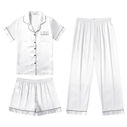 Ekouaer Silk Pajamas for Women Set Satin Pjs Soft Short Sleeve Button Down Sleepwear 3 Piece Loungewear S-XXL