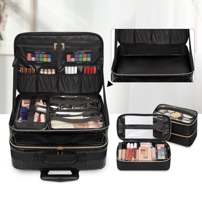 OCHEAL 18 Inch Rolling Makeup Train Case, Extra Large Travel Cosmetic Organizer Storage Trolley with Wheels, 3 Layers & 3 Travel Makeup Bags Carry On for Hairstylist Cosmetology Artist