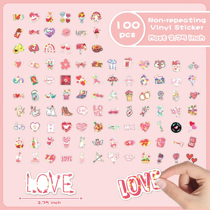 Valentines Stickers, Love Stickers, 100 PCS Holographic Valentine's Day Sticker, Pink Heart Decal Bulk, Waterproof Vinyl Sticker for Waterbottle, Scrapbooking, Envelope Card Mailbox Classroom Gift