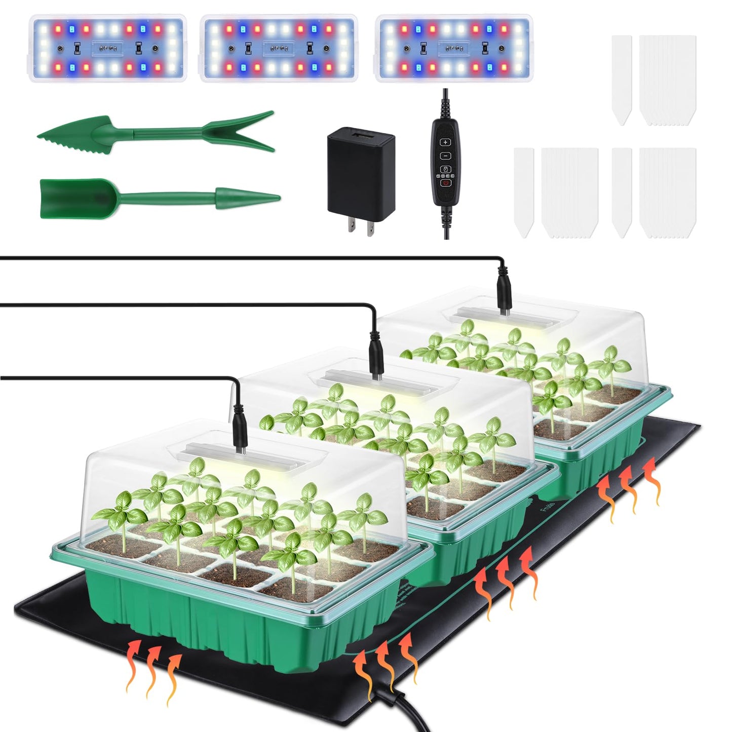 3-Pack Seed Starter Trays with Heat Mat, Seed Starter Kit with Grow Lights, 36 Large Cells Seed Germination Kit with Adjustable Humidity Vents for Indoor Plants Seeds Starting, Ideal Gardening Gifts