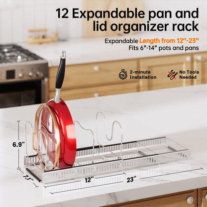 MUDEELA Pots and Pans Organizer Rack for under Cabinet, Expandable 11.81''-22.85'' Pot Lid Kitchen Cabinet Organizer Holder with 10 Adjustable Compartment Cutting Board Organizer for Pan Lid, Bakeware
