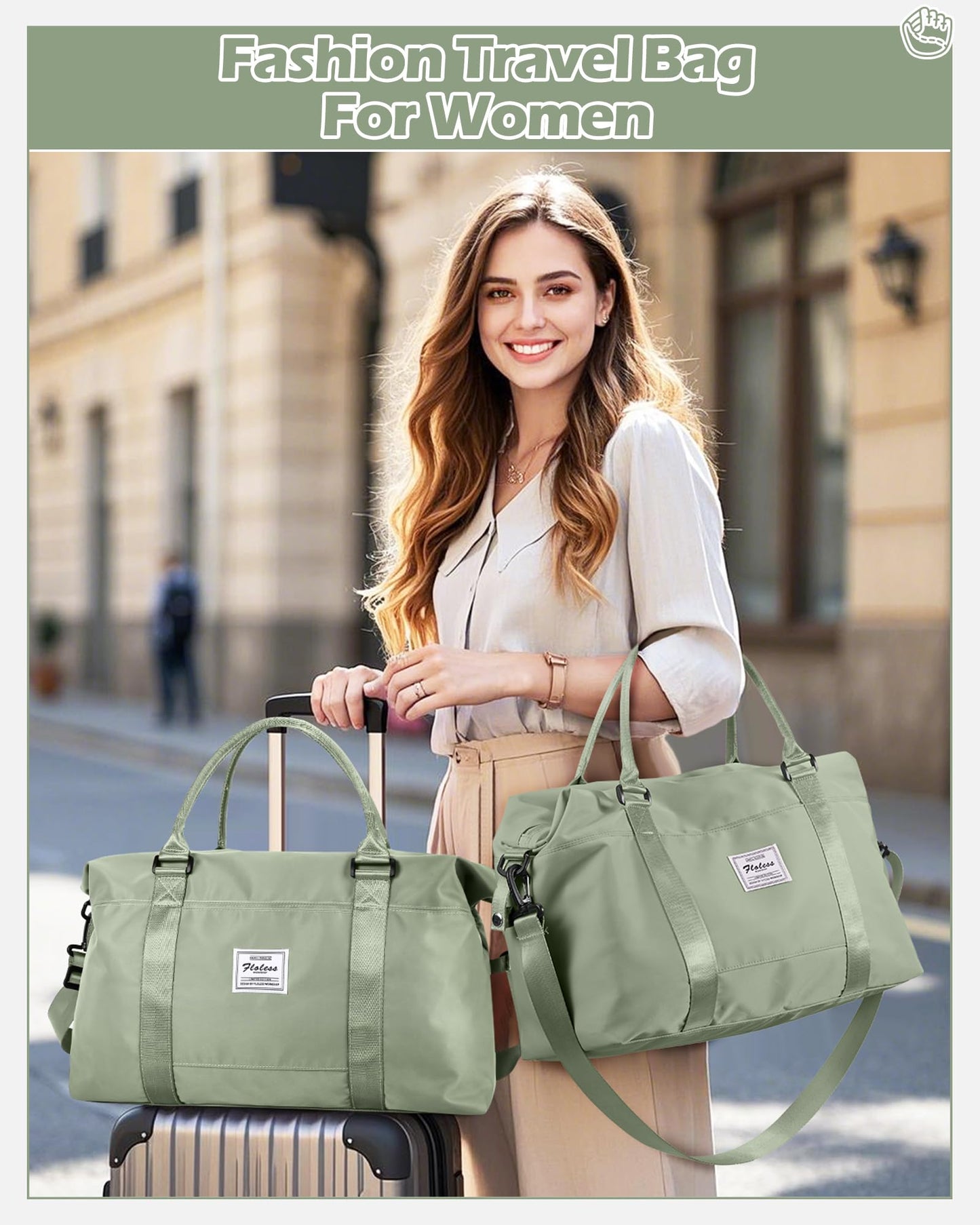 Travel Duffel Bags for Women Mens Waterproof Weekender Carry on Bag Sports Gym Bag Travel Tote Bags with Wet Pocket Overnight Bag Workout Duffel Bags with Trolley Sleeve Grey Green