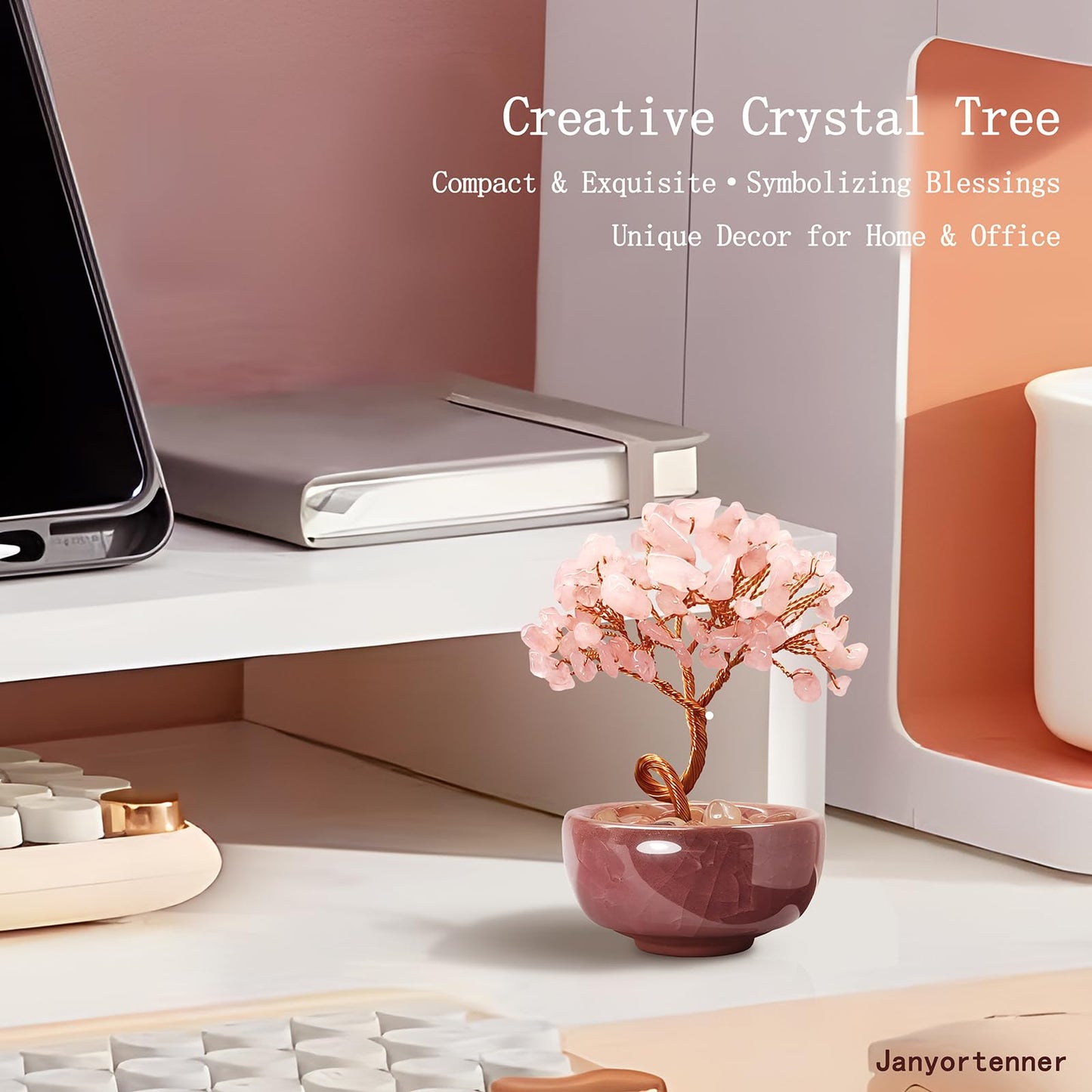 Janyortrenner Rose Quartz Crystal Tree,Romantic Office Desk Bedroom Decor,Handmade Copper Wire in Crackle Ceramic Base,Spiritual Gift for Her