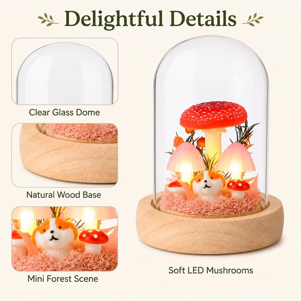 QUELIEN Mushroom Lamp in Glass Dome,Mushroom Gifts for Women - Warm White LED Night Light for Bedroom Decor,Birthday Party Decorations,Ideal Birthday Gift Valentines Gift