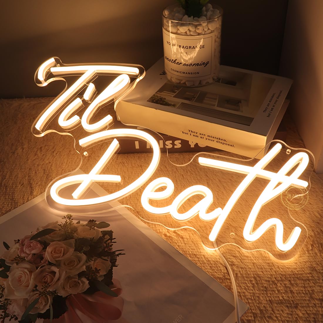 Planzo Til Death Neon Sign Bedroom Wall Decor Led Light Gothic Wedding Party Home Decor Engagement Proposal Christmas Gift 5V USB Powered with Dimmer Switch 17IN Warm White