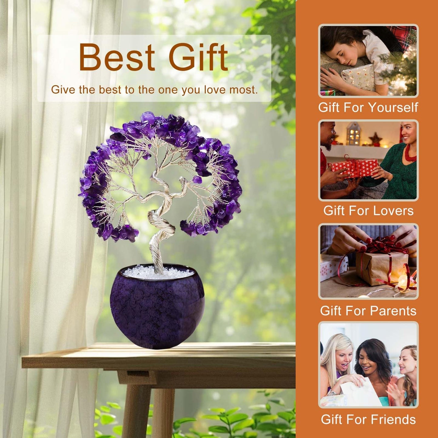 Runyangshi Amethyst Crystal Tree of Life - 7in Chakra Crystal Money Tree with 297 Natural Healing Crystal Gemstone for Feng Shui, Luck, Balancing Energy Home Decor & Spiritual Gift