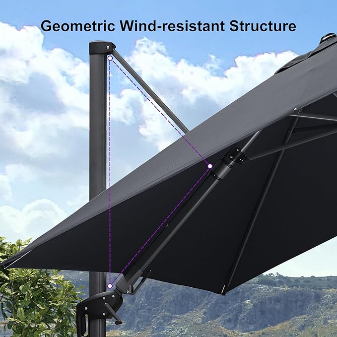 PURPLE LEAF 11.5' X 8.2' Tilting Patio Umbrella with Base Outdoor Cantilever Swivel Rectangle Umbrella Aluminum Offset Umbrella with 360-degree Rotation for Garden Deck Pool Patio Grey