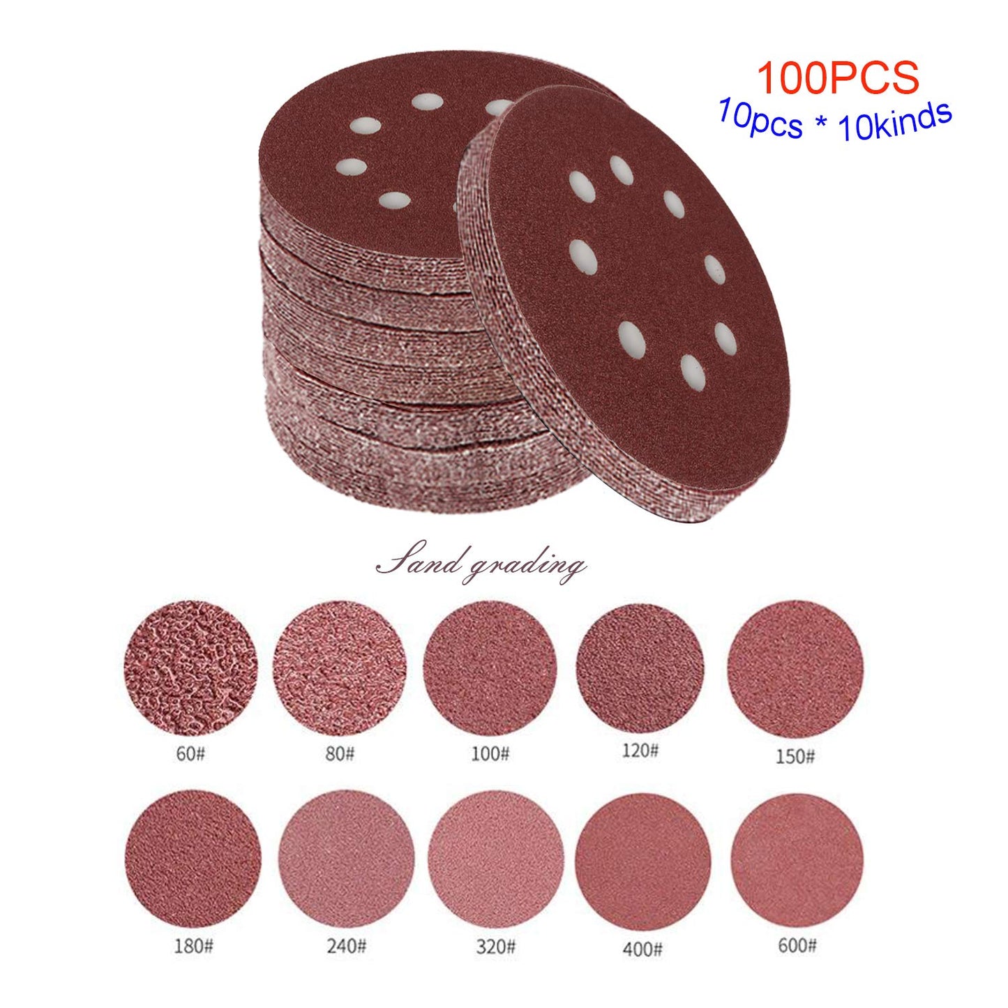 Toowood 100pcs 125mm Sanding Discs, 8-Hole Dustless Hook & Loop sand paper, 60-600 Multi-Grit Professional Abrasive Discs for Orbital Sander, Woodworking and Auto Body Refinishing