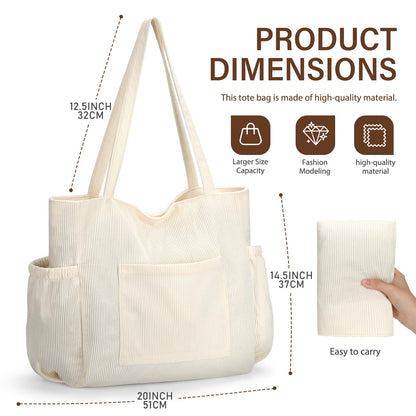 Corduroy Tote Bag for Women, Large Capacity Cute Tote Bags With 6 Pockets, Laptop Tote Bag Crossbody Shoulder Handbag Teacher Nurse Bags for Work Travel Gym(Beige)
