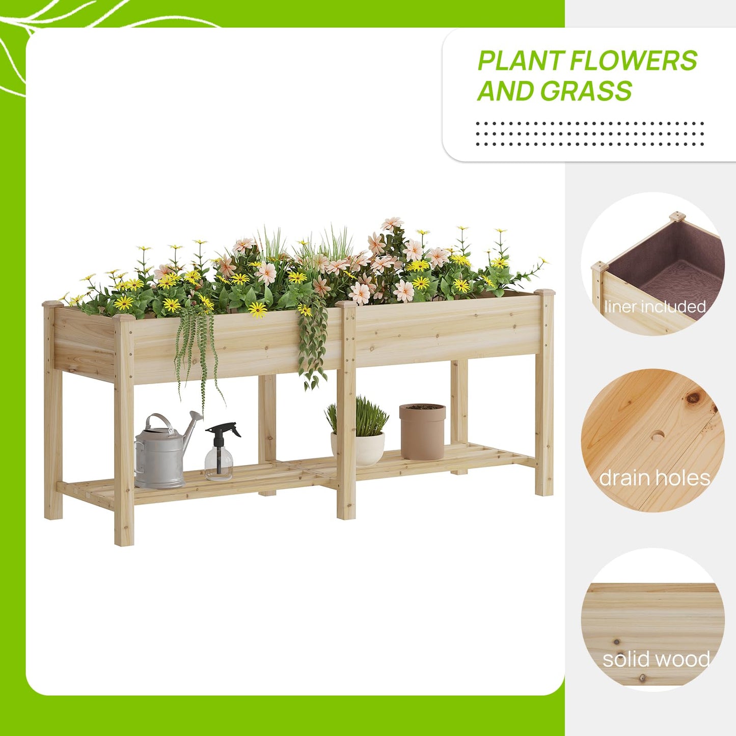 72x24x30.7 Wooden Planter Box with Storage Shelf Raised Garden Bed with Legs Elevated Wood Planter Box for Vegetables Flowers Herbs Garden Planter for Backyard Patio Balcony (Natural, Large)