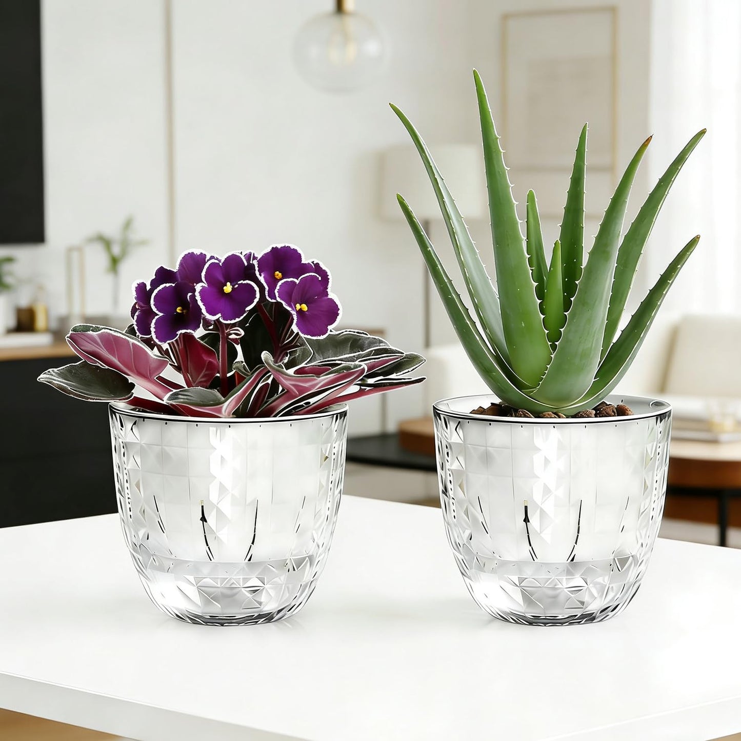 XKYQSY 2 Pack 6 inch Self Watering Pots Planters for Indoor Plants, African Violets Pots with Wick Rope, Modern Plastic Nursery Pots for All House Plants,Flowers Succulents,Herbs,Cactus,Orchids