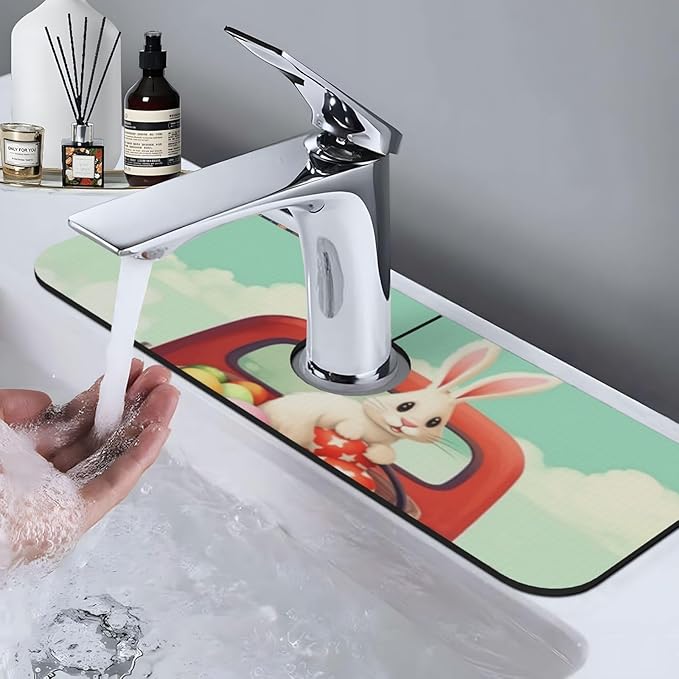 Kitchen Sink Splash Guard Faucet Mat Easter Bunny Rabbits 15"x5.5", Diatom Mat