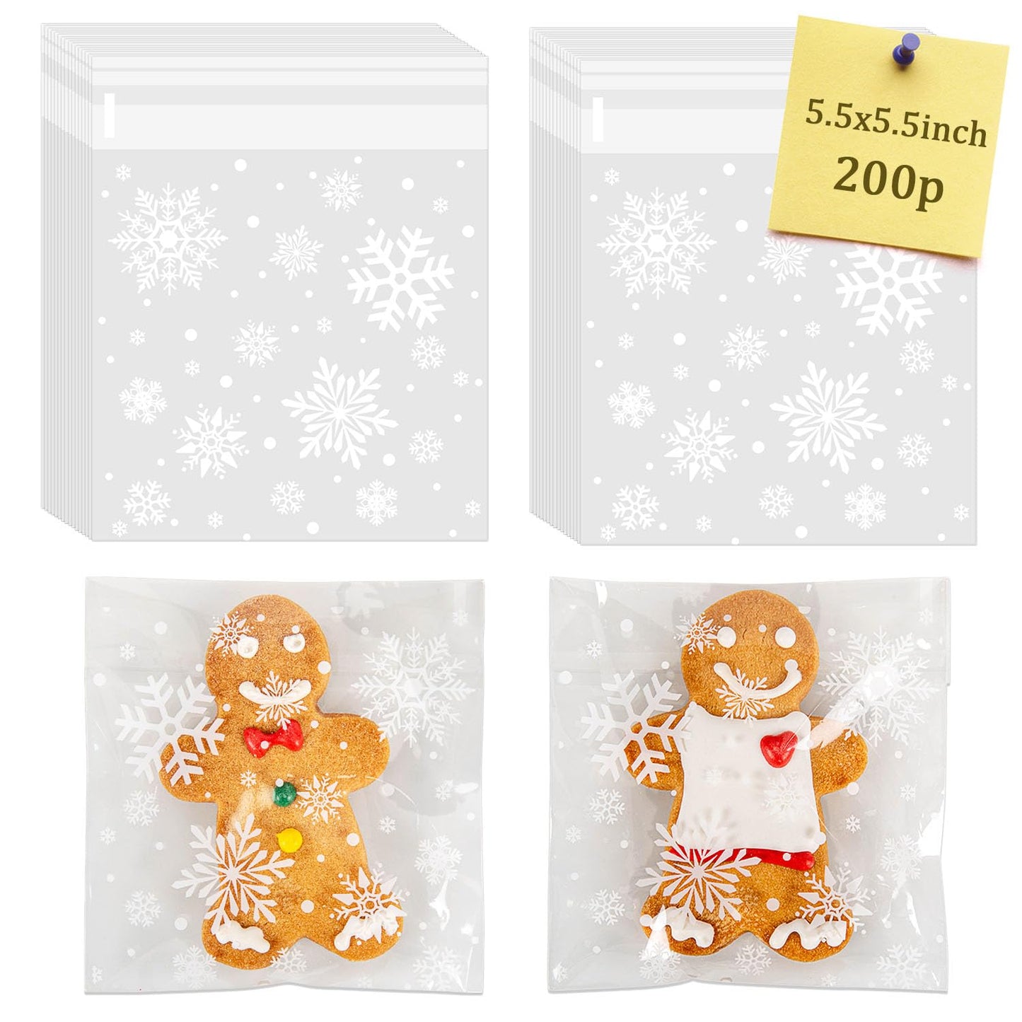 CUDICY Christmas Cookie Bags 200pcs Snowflake Cellophane Treat Bags 5.5x5.5 Self Adhesive Cookie Bag for Gift Giving Packaging Candy Goodie Holiday Homemade Bakery