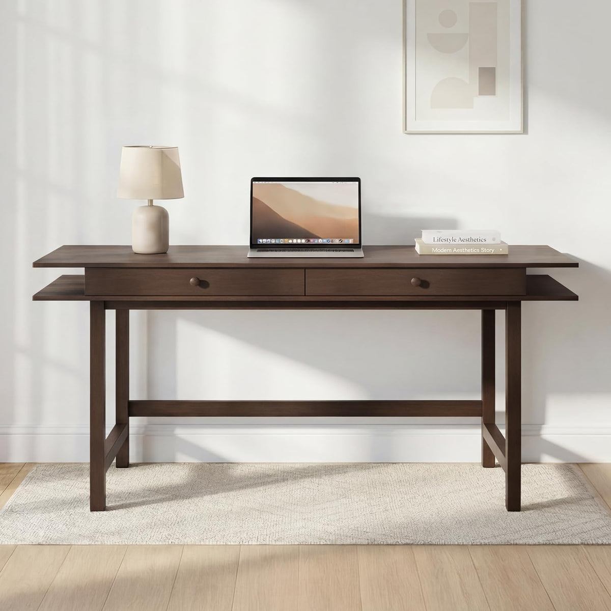 ELEVAQ Double-Top Solid Wood Desk - 60-Inch Mid-Century Modern Writing Table with Drawers for Home Office, Study, and Creation, Rubberwood Computer Desk in Black Walnut