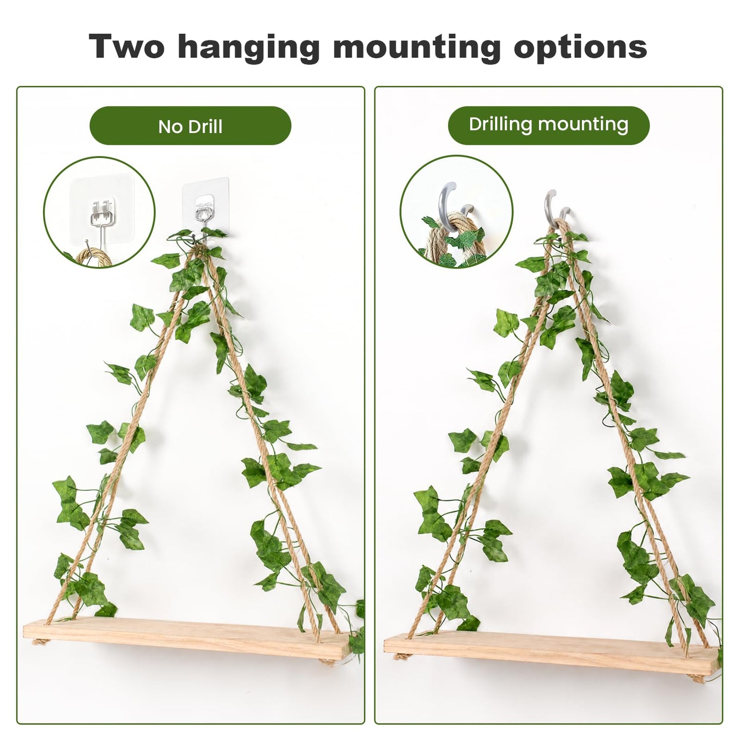 RICHER HOUSE Macrame Floating Shelves for Wall No Drilling, Boho Hanging Shelf with Artificial Ivy and LED Lights, Plant Wall Decor for Living Room Bedroom Dorm