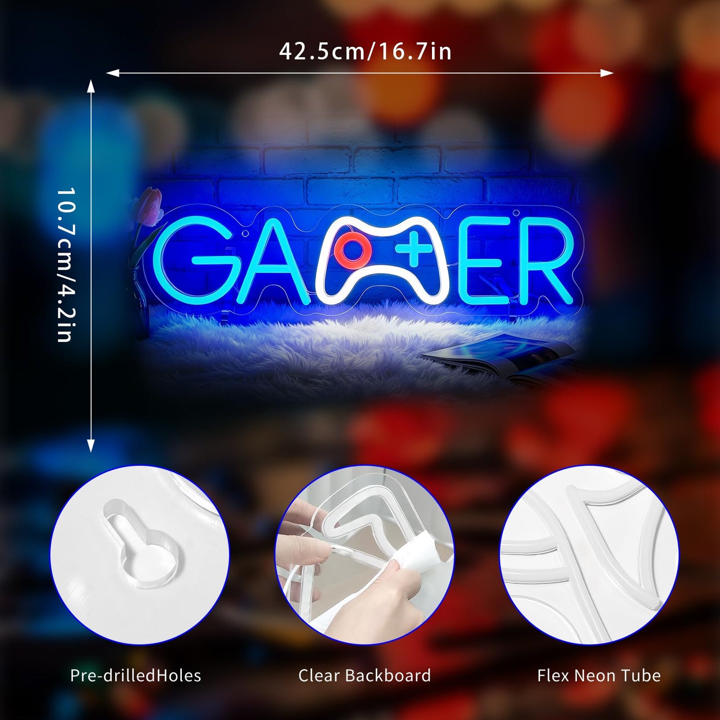 Gdbkabf Gamer Neon Sign, Gaming Neon Signs for Wall Decor - Game LED Signs for Teen Boys Room, Gaming Room Decor - USB Powered Light Up Sign Decorations