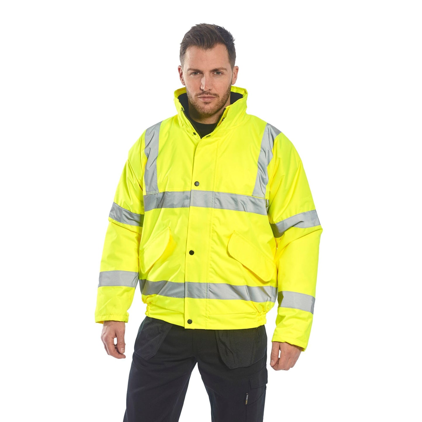 Portwest S463 Men's Hi-Vis Winter Bomber Jacket Waterproof Safety Cold Protection EN342 Certified Reflective Tape Texpel Eco Fabric Multiple Pockets Pack Away Hood, Yellow, L
