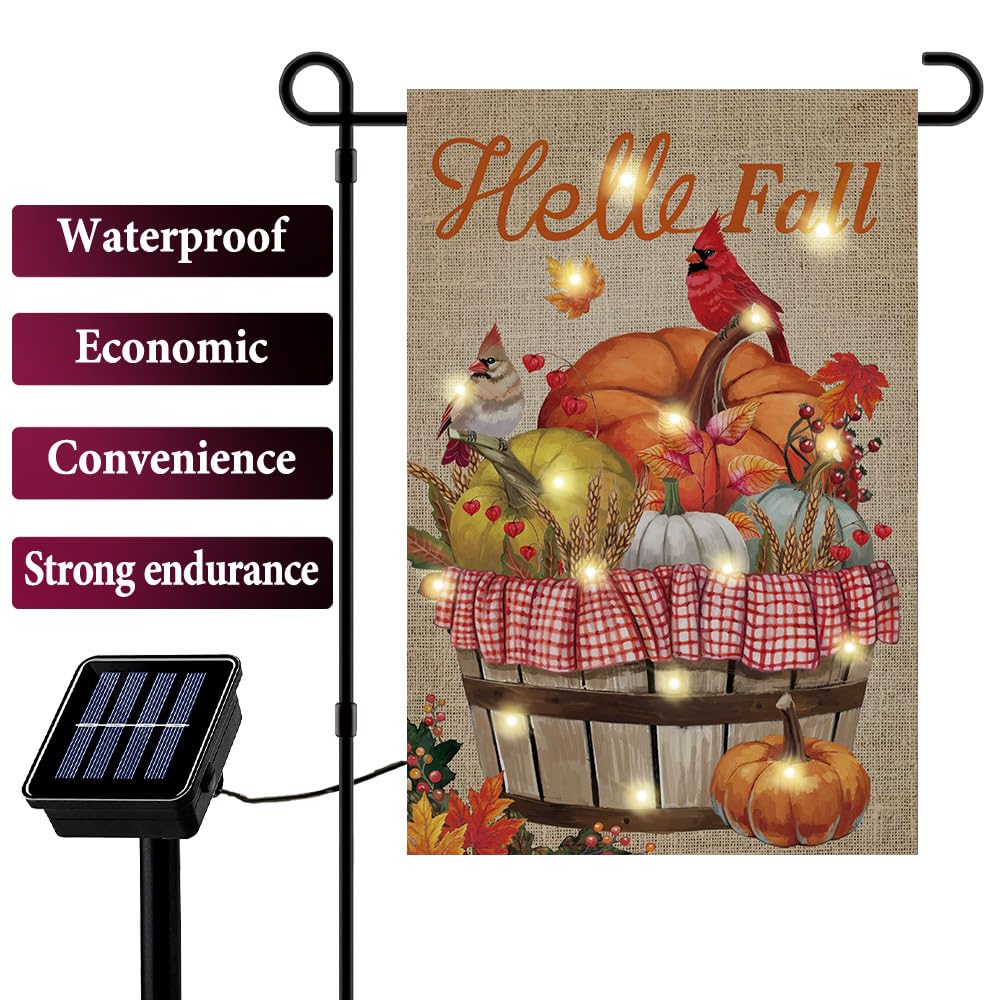 Hello Fall Pumpkin Cardinal Lighted Double Sided12 *18Small Garden Flag Solar LED 8Lighting Modes16Lights Fall Patio Home Outdoor Decor Thanksgiving Decoration Lawn Porch Decoration (Pumpkin Cardinal)