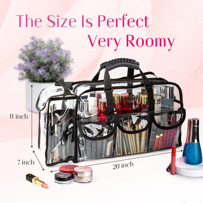 Kemier Clear Travel Makeup Bag with 6 External Pockets,Cosmetic Organizer Case with Shoulder Strap,Large