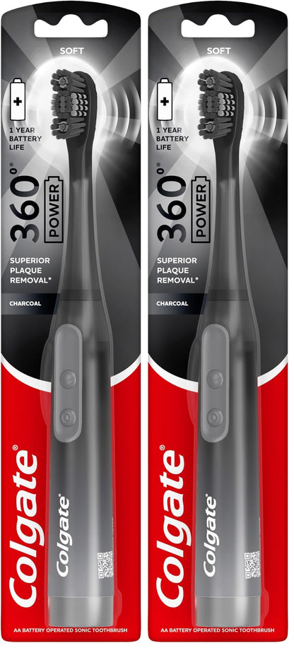 Colgate 360 Vibrate Charcoal Battery Operated Toothbrush Pack, Soft with 1 AAA Battery Included, Black, 2 Count